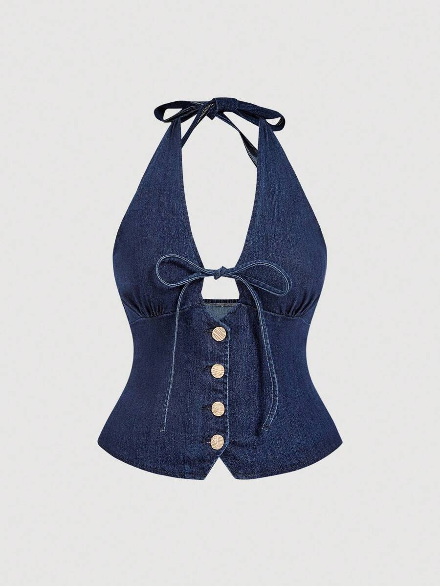 SHEIN MOD 大码女式休闲吊带牛仔上衣、女式外出上衣、度假、生日、露背上衣、可爱夏季上衣、早午餐、老钱风格女装、街头女装、外出、巡航、外出上衣、派对、生日、复古、前系带上衣、Y2k 上衣、女牛仔 - 淺色水洗藍 - 查看 1