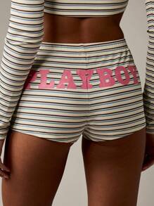 Missguided x Playboy Retro Style Ribbed Bunny Logo Striped Lounge Set With Collared Crop Top And High Rise Shorts