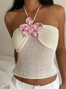 Aloruh 女士 3D 花卉装饰时尚露背针织毛衣 女士夏季海滩 海滩度假 度假女士 波西米亚风 热带度假女士 热带度假女士 音乐会女士 狂欢节 乡村音乐会 伊比沙岛 纳什维尔 西部服饰 女士西部波西米亚风街头服饰 热带辣妹 可爱夏季上衣 钩针编织 Y2k 上衣