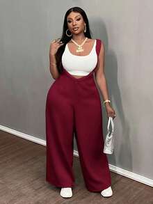 Slaydiva Casual Solid Color Wide Leg Drawstrings, Fashionable Sleeveless Jumpsuit - Burgundy - View 6