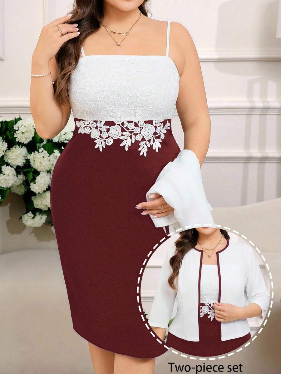 SHEIN Clasi 2 Stücke Set in Übergröße – Elegantes Slip-Kleid aus Spitzen-Patchwork und Cardigan-Set mit Kontrastbesatz