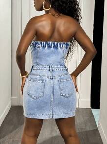 Slaydiva 女式性感修身心形印花牛仔连衣裙 - 淺色水洗藍 - 查看 2