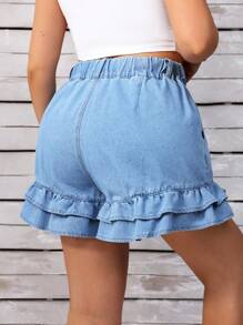 EMERY ROSE Plus Size Women Casual Wash Denim Shorts, Asymmetric Pocket & Ruffle Hem, Summer