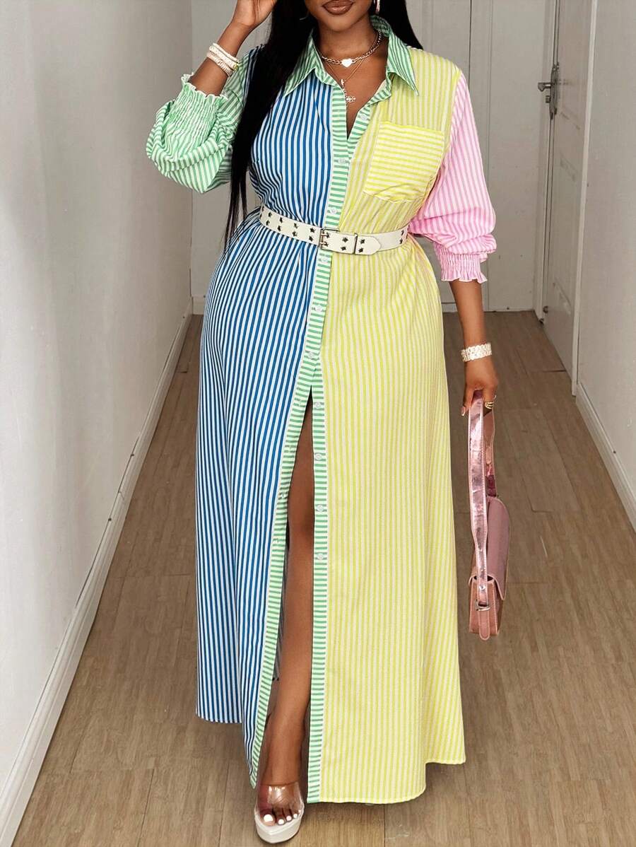 Maweii 2025 女式大码条纹撞色宽松袖通勤休闲连衣裙，时尚立领开叉设计，春夏 - 彩色 - 查看 1