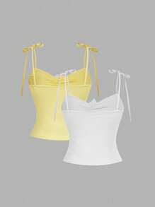 SHEIN MOD 2pcs/Set Women Floral 3D Decor Tie Front Camisole Top - Multicolor - View 2