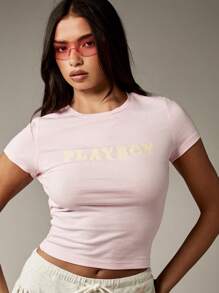 Missguided x Playboy Baby Tee Crop Top Baumwolle Kurzarm Figurbetont T-Shirt Y2K Mode Lässig Sommer Alltags Basic Straßenmode-Stil Passform Club Ästhetik