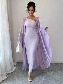 Elenzga 法国高端提花针织浅灰紫色金属扣连衣裙&披肩套装，精品设计女神风，轻奢时尚，春夏 - 淺灰紫 - 查看 7