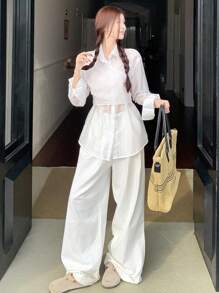 DAZY 女士交叉系带设计纯色长袖韩版衬衫 - 白色 - 查看 5