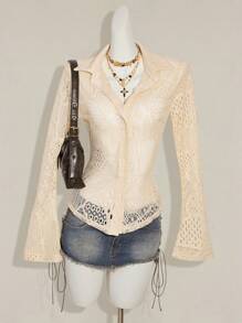 SHEIN ICON Damen neue vintage Spitzen Patchwork asymmetrische figurbetonte Hemd Bluse, Apricot