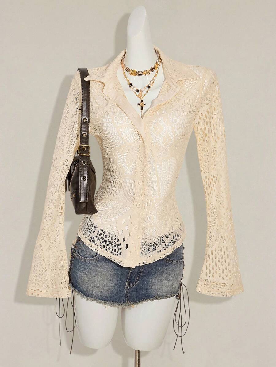 SHEIN ICON Damen neue vintage Spitzen Patchwork asymmetrische figurbetonte Hemd Bluse, Apricot