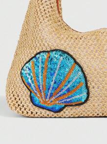 ROMWE Fairycore 1 件热带海滩度假风格芙蓉装饰卡其色女士单肩包，闪粉贴片装饰草编度假包 - 彩色 - 查看 7