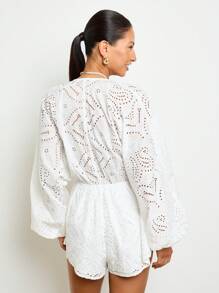 AiiRZ Mono con mangas abullonadas, bordado inglés, cubrecosturas para la playa, vestimenta de resort, mono de verano, pantalones cortos con escote en V profundo, ropa de playa para vacaciones