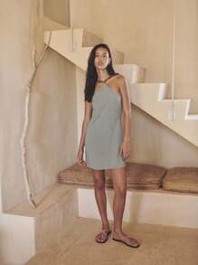 Nöista Hellblaues Neckholder-Minikleid mit bernsteinfarbener perlenverzierter Halskrause, gefertigt aus leichtem Stoff. Perfekt für den 4. Juli, Sommerfeste, Urlaubsreisen oder lässige Unternehmungen. Mühelos stilvoll und bequem. Ein unverzichtbares Teil für jede Sommergarderobe. - Grün - Übersicht 7