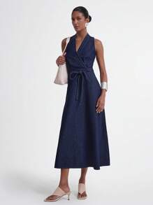 Daynim 露背挂脖无袖 A 字形原色牛仔中长连衣裙 - 深色水洗藍 - 查看 1