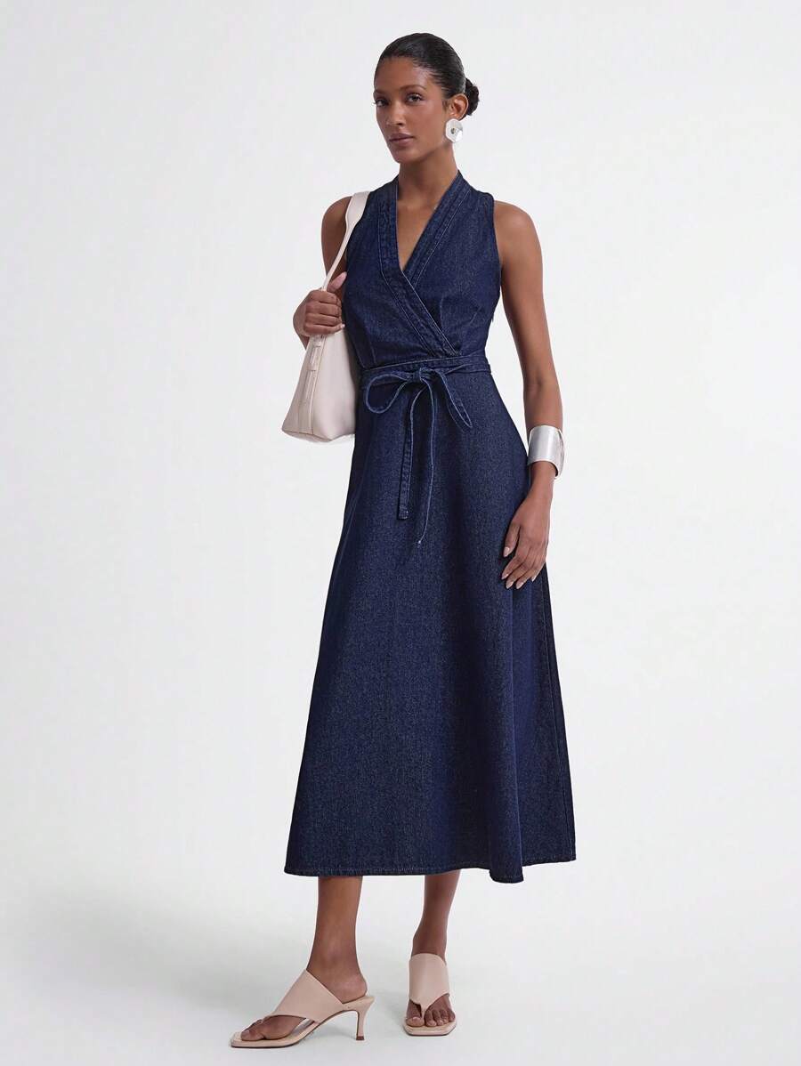 Daynim 露背挂脖无袖 A 字形原色牛仔中长连衣裙 - 深色水洗藍 - 查看 1