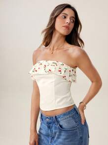 Chiquease Top corta casual y elegante de gasa con escote strapless, volantes en el bajo, lazo delantero y estampado de flores de cerezo para uso vacacional - Beis - Ver 4