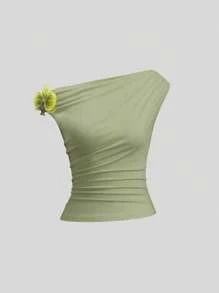 SHEIN Unity 女款春夏斜领不对称肩部修身短款T恤，装饰性3D人造花图案，黄色 - 綠色 - 查看 1