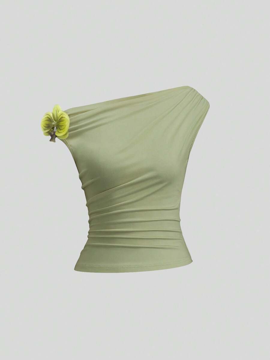 SHEIN Unity 女款春夏斜领不对称肩部修身短款T恤，装饰性3D人造花图案，黄色 - 綠色 - 查看 1