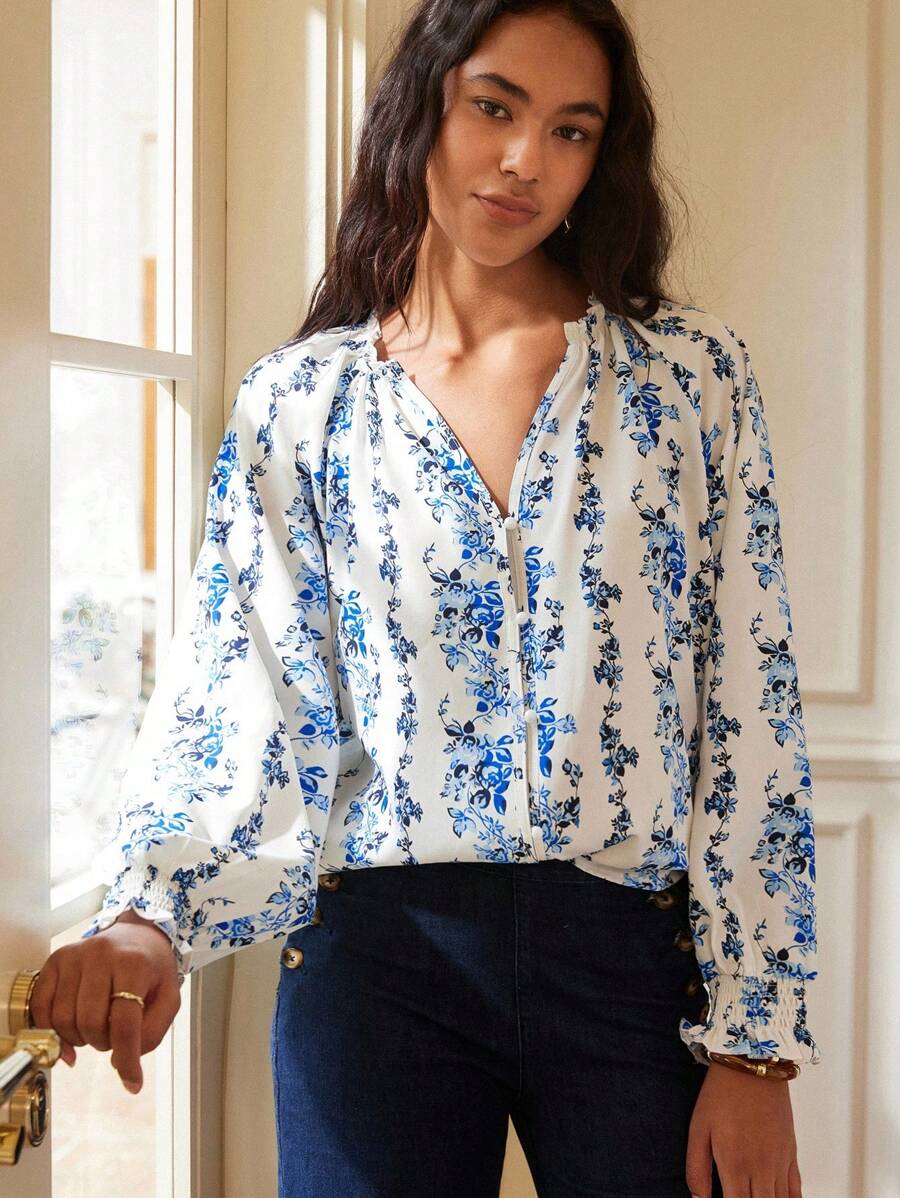 Écloséra 女式印花褶皱全扣长袖衬衫