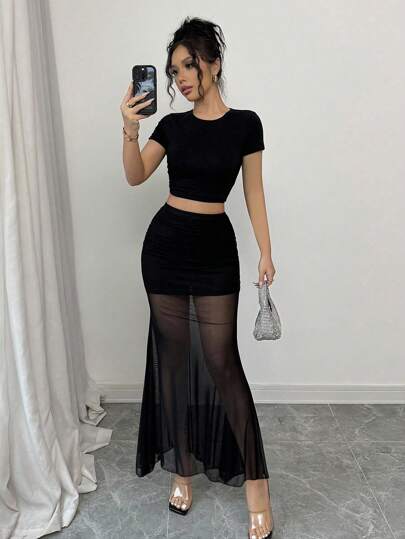 Elenzga Falda elegante de mujer con diseño de cola de pez en patchwork de malla