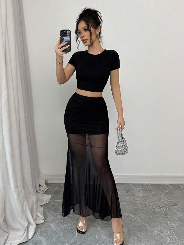 Elenzga Falda elegante de mujer con diseño de cola de pez en patchwork de malla