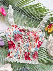 Soleia New Vacation Ruffled Front Tie Blouse For Women, Versatile & Slimming Floral Crop Top Lacey Crop Top Summer Crop Top Lace Trim Crop Top,Party - Multicolor - View 3
