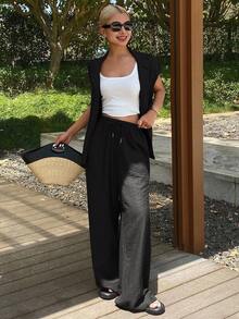 DAZY 2 chiếc áo len cardigan màu trơn giống vải lanh thường ngày dành cho nữ và quần dài kiểu dáng đi nghỉ - màu đen - Xem 3