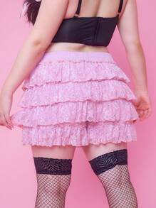 ROMWE Kawaii Damen große Größen Rock-Short mit elastischem Bund, Rüschen und Lage-Effekt