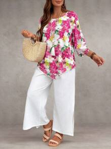 EMERY ROSE Plus Size 2 Pieces Set Floral Print Round Neck Double Ruffle Trim Blouse & Slit Hem Straight Leg Pants,White Autumn Boho Flowy Vacation Holiday Outfit - Multicolor - View 6