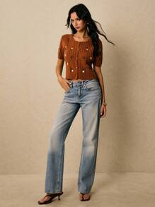 Poéselle Elegant Floral Embroidered Button-Up Short Sleeve Knit Top - Brown - View 6