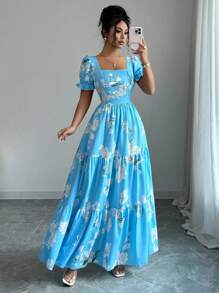 Elenzga 全新女式方领花卉印花泡泡袖 A 字型度假休闲日常百搭优雅女士连衣裙 - 藍色 - 查看 6