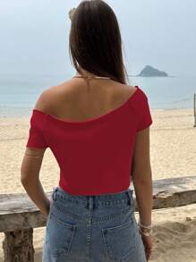 Jouncy Women's Off-Shoulder Summer Fashion Cropped Printed T-Shirt - Red - View 2