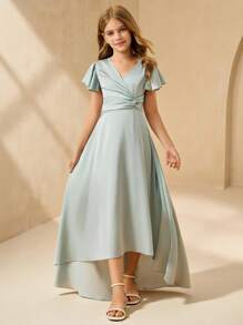 SHEIN Girls Big Tween Girl Bridesmaid V-Neck Short Sleeve Ruffle Hem High-Low Formal Dress, Fit For Weddings, Parties, Birthdays, Performances Fall Winter