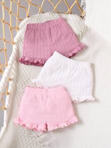 SHEIN 3件套女宝宝休闲宽松舒适短裤套装，弹力腰身，花卉镂空针织面料，荷叶边下摆，粉色和白色纯色，多种选择，性价比高，适合春夏休闲度假 - 粉色 - 查看 2