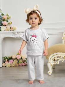 2件套女婴可爱兔子和波尔卡圆点印花短袖上衣和宽松裤子休闲睡衣套装 - 彩色 - 查看 9