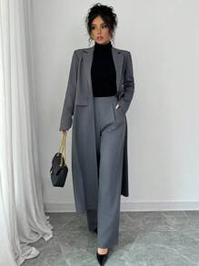 SHEIN PETITE 优雅通勤时尚优雅深灰色大翻领插肩袖单排扣长外套和直腿长裤女套装 - 深灰色 - 查看 6