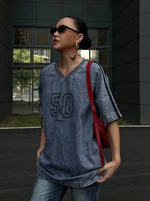 Livesso Women's V-Neck Short Sleeve Embroidered Denim Blouse, Summer - Blue - View 5