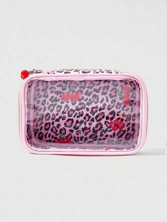 Grunge Punk 1 pieza Bolsa cosmética portátil retro y linda con estampado de leopardo y cereza para mujer