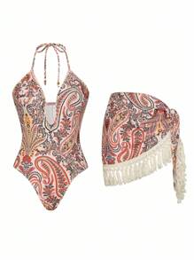 Swim Oasis 1 Set: Random Paisley Print Deep-V Halter Monokini And Matching Tassel Cover Up Skirt, Women Swimsuit For Summer Beach Vacation - Multicolor - View 6
