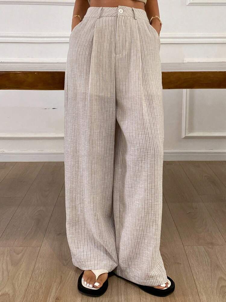 Women's High Waist Striped Pleated Pocket Wide Leg Loose Casual Pants
