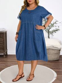 EMERY ROSE Plus Size Women's Denim Pocket Dress For Summer - Dark Wash - View 4