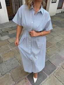 Jeta Ari Blue Striped Dress, Long Striped Dress, Summer Casual Long Dress,Women Casual Commute Striped Waist Shirt Dress - Blue and White - View 4