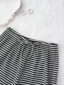 Teen Girls' Rib-Knit Striped Drawstring Waist Slim Fit Casual Pants Fall Winter - Black and White - View 7