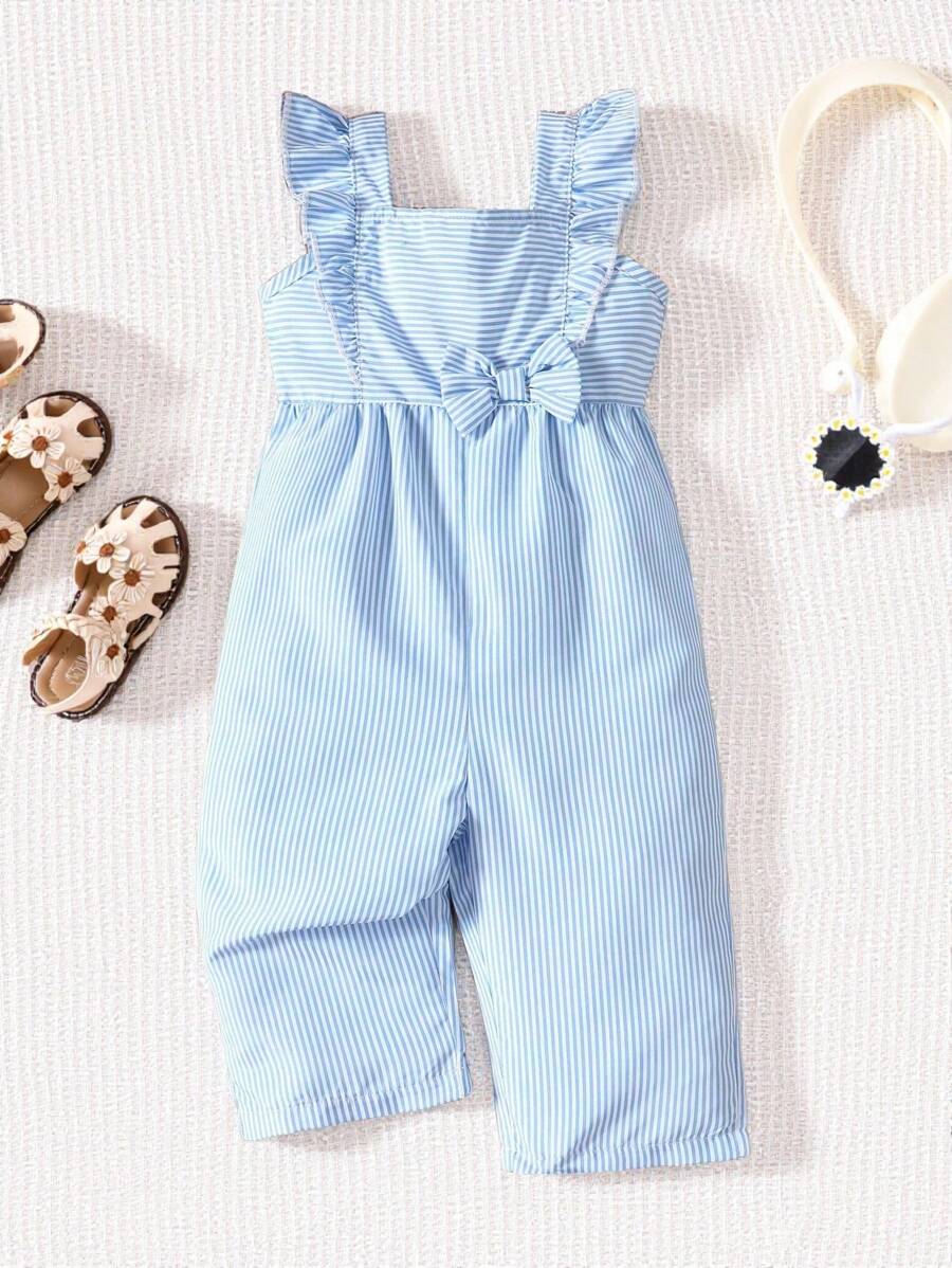 SHEIN Vintaside Kids 婴儿/幼儿女孩休闲时尚假日荷叶边袖条纹编织蝴蝶结前黄色连体裤，春夏新品 - 藍色 - 查看 1