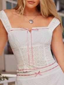 WESTFADE Top ajustado con cuello cuadrado, lazo y corte Keyhole con bordado de ojales y cinta de satín, y falda maxi con lazo en la cintura y fluida, conjunto veraniego de estilo country y boho para concierto, brunch o vacaciones en la playa