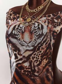 Amplova Vestido ajustado con inserción de malla con estampado de tigre, cuello drapeado, de múltiples formas de usar, talla grande, con lazo en la espalda - Multicolor - Ver 8