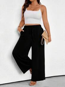 EMERY ROSE 大码女式纯色腰带口袋阔腿宽松休闲裤 - 黑色 - 查看 4
