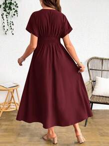Cheriluna Maternity 孕妇V领扭腰短袖优雅摆裙，夏季 - 酒紅色 - 查看 2