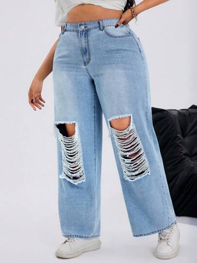 SHEIN SXY Plus Size Women High Waisted Ripped Loose Wide Leg Casual Versatile Jeans