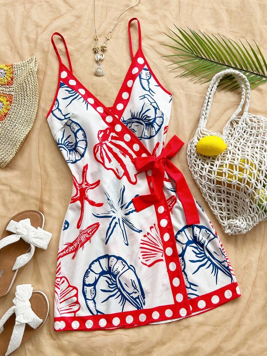 Soleia 女士热带元素椰子树棕榈叶吊带迷你度假裹身裙